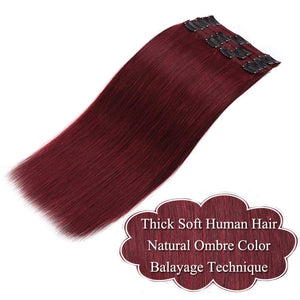 Dark Red Double Weft Clip in Human Hair Extensions Thick 20 Inch 120g-150g 8pcs  clips on 8A Grade Soft Straight 100% Remy Hair Wine Red #99J 16"-20’’