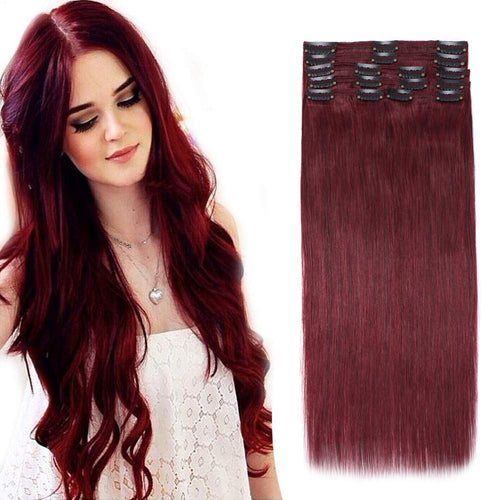 Dark Red Double Weft Clip in Human Hair Extensions Thick 20 Inch 120g-150g 8pcs  clips on 8A Grade Soft Straight 100% Remy Hair Wine Red #99J 16