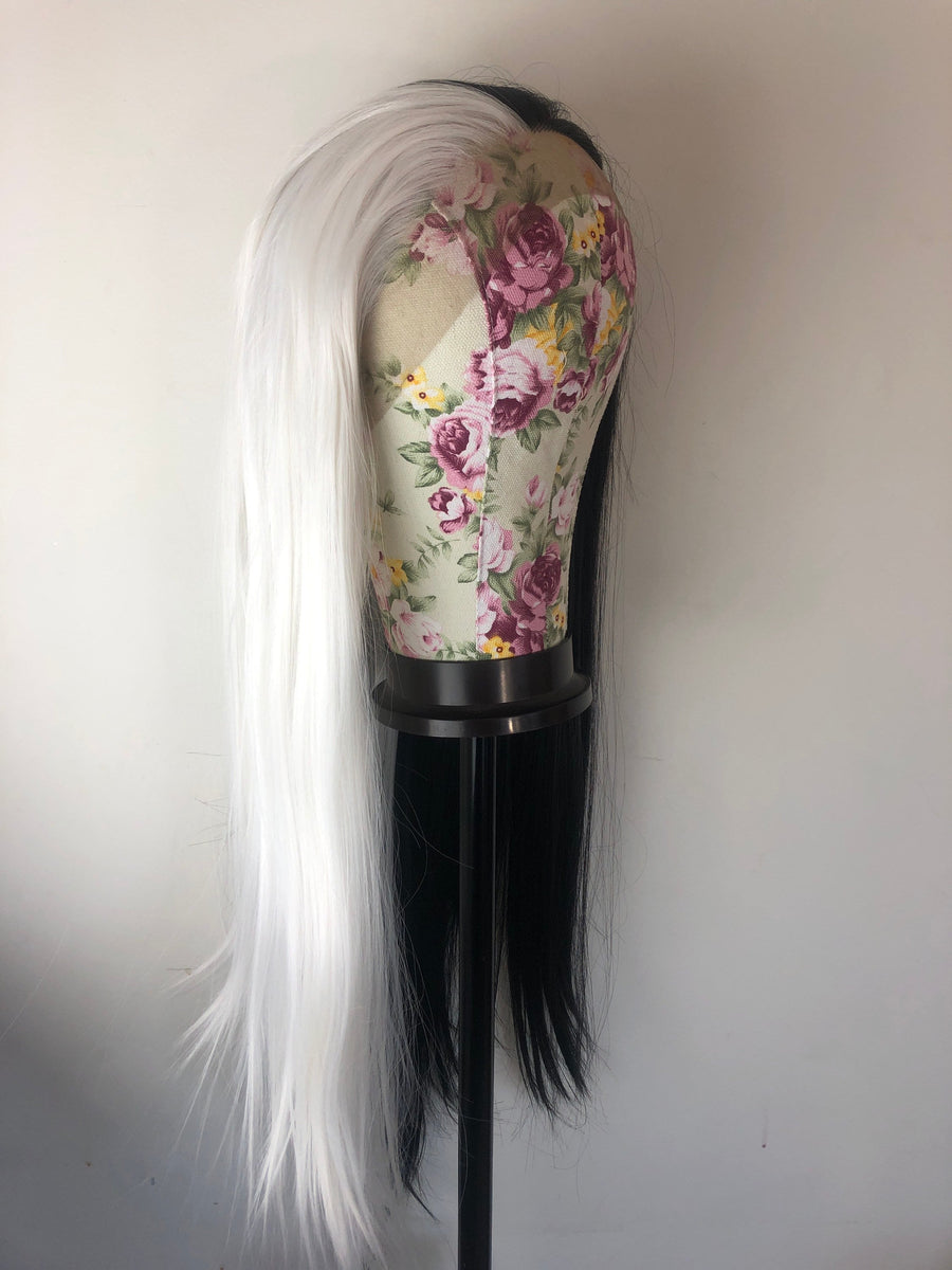 CRUELLA 24” Black & White split dye straight LaceFront wig  display picture 2