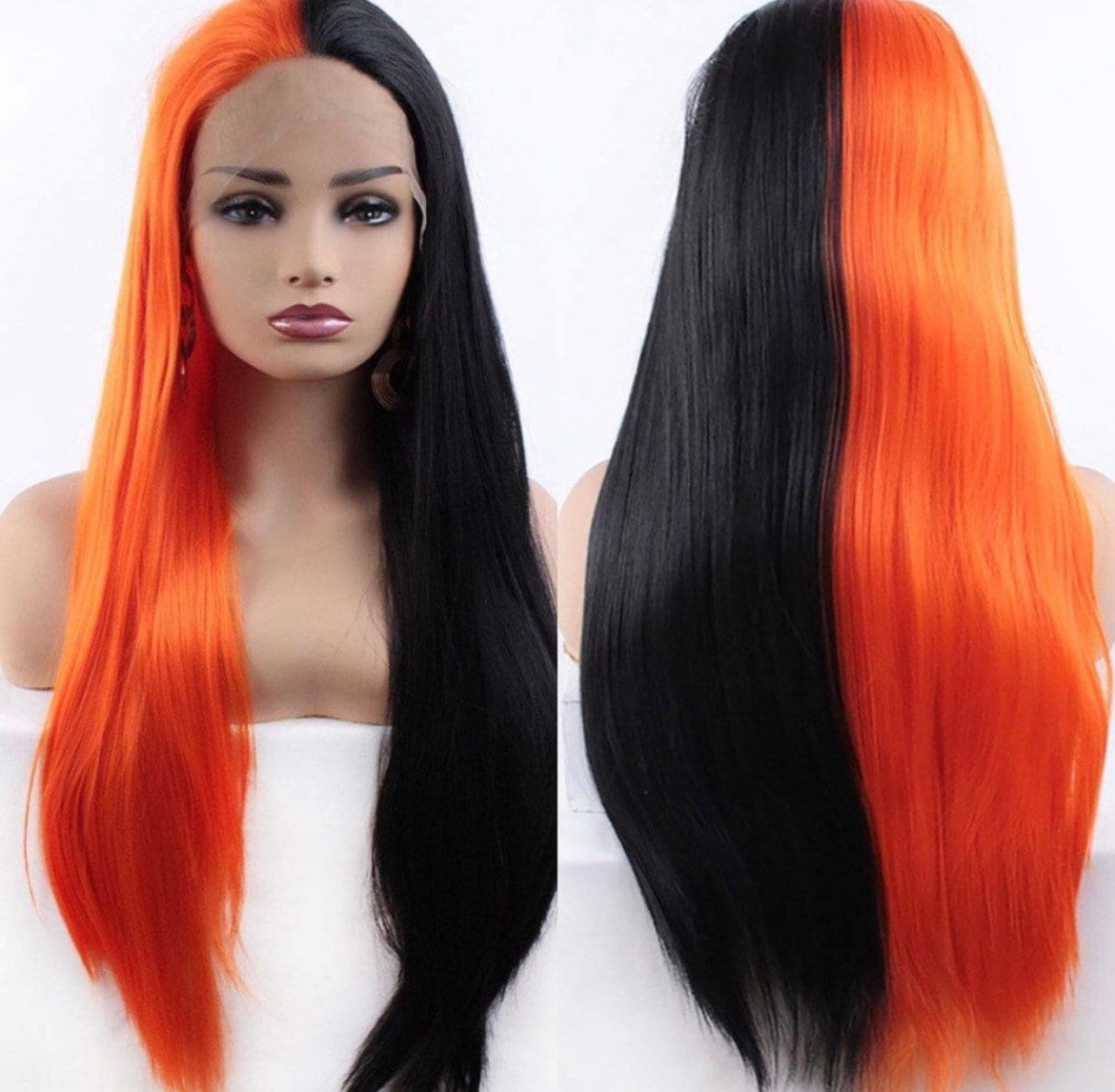 24” ORANGE &BLACK SPLIT DYE STRAIGHT LACEFRONT WIG Pink and Black Split Wig - Etsy main image 4