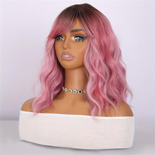 12 Inch Pink Ombre Wig - Blunt Bangs Body Wave - Heat Resistant Curly Texture
