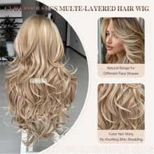 Platinum Blonde Highlight Ombre Light Brown Wig Long Wavy Layered with Curtain Bangs