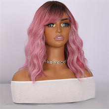 12 Inch Pink Ombre Wig - Blunt Bangs Body Wave - Heat Resistant Curly Texture