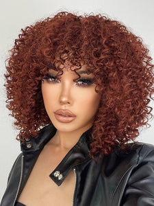 Brown Red Curly Wig with Bangs
