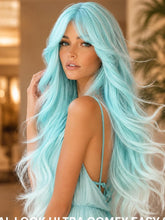 26 Inch Layered  Pastel Aqua Blue Ombre Wig for Women Long Wavy Synthetic Wig with Curtain Bangs -