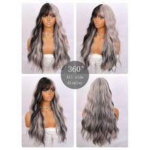 26-Inch Women's Wig Black And Gray Long Hair Water Wave Curls Straight Bangs