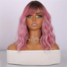 12 Inch Pink Ombre Wig - Blunt Bangs Body Wave - Heat Resistant Curly Texture