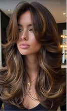 Highlighted Dark Brown Mix Honey Blonde Long Layered Wavy Wig with curtain bangs
