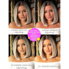 Short Straight Bob Wig 12 Inch Silver Gray Ombre With Dark Roots And Center Part