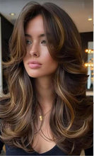 Highlighted Dark Brown Mix Honey Blonde Long Layered Wavy Wig with curtain bangs