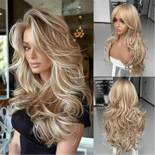 Platinum Blonde Highlight Ombre Light Brown Wig Long Wavy Layered with Curtain Bangs