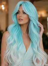 26 Inch Layered  Pastel Aqua Blue Ombre Wig for Women Long Wavy Synthetic Wig with Curtain Bangs -