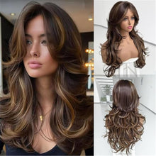 Highlighted Dark Brown Mix Honey Blonde Long Layered Wavy Wig with curtain bangs
