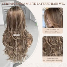 Highlight Honey Blonde Wig with Bangs Long Golden Brown Ombre Layered Wavy Wig with Curtain Bangs
