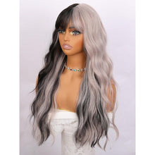 26-Inch Women's Wig Black And Gray Long Hair Water Wave Curls Straight Bangs