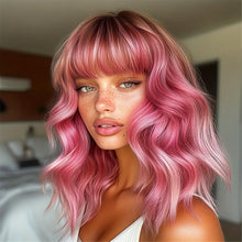 12 Inch Pink Ombre Wig - Blunt Bangs Body Wave - Heat Resistant Curly Texture