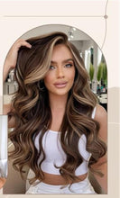 Highlighted Dark Brown Mix Honey Blonde Long Layered Wavy Wig with curtain bangs