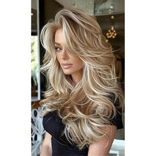 Platinum Blonde Highlight Ombre Light Brown Wig Long Wavy Layered with Curtain Bangs