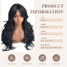 Black Wavy Long Layered Wig with Curtain Bangs