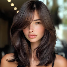 16-Inch Brown A-Line Bangs Wig: High-Temp Fiber, Rose Net Cap, Everyday Wear