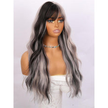 26-Inch Women's Wig Black And Gray Long Hair Water Wave Curls Straight Bangs