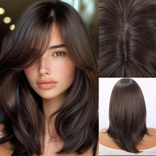 16-Inch Brown A-Line Bangs Wig: High-Temp Fiber, Rose Net Cap, Everyday Wear