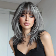 Short Straight Bob Wig 12 Inch Silver Gray Ombre With Dark Roots And Center Part