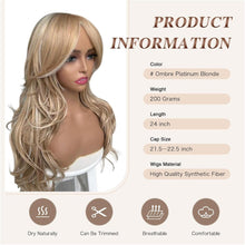 Platinum Blonde Highlight Ombre Light Brown Wig Long Wavy Layered with Curtain Bangs