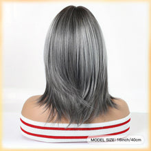 Short Straight Bob Wig 12 Inch Silver Gray Ombre With Dark Roots And Center Part