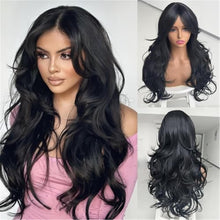 Black Wavy Long Layered Wig with Curtain Bangs