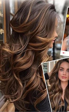 Highlighted Dark Brown Mix Honey Blonde Long Layered Wavy Wig with curtain bangs