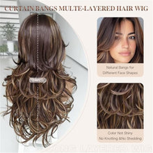 Highlighted Dark Brown Mix Honey Blonde Long Layered Wavy Wig with curtain bangs