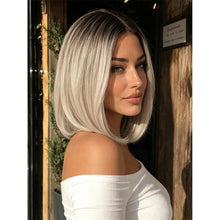 Short Straight Bob Wig 12 Inch Silver Gray Ombre With Dark Roots And Center Part
