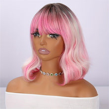 14 Inches Short Pink Gradient Dyeing Bob Hair Straight Bangs Comfortable And Breathable Women'S Wig High Temperature Fiber Suitable for