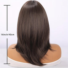16-Inch Brown A-Line Bangs Wig: High-Temp Fiber, Rose Net Cap, Everyday Wear