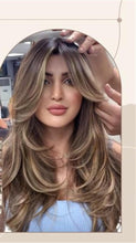 Highlight Honey Blonde Wig with Bangs Long Golden Brown Ombre Layered Wavy Wig with Curtain Bangs