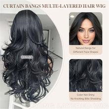 Black Wavy Long Layered Wig with Curtain Bangs