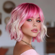 14 Inches Short Pink Gradient Dyeing Bob Hair Straight Bangs Comfortable And Breathable Women'S Wig High Temperature Fiber Suitable for
