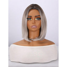 Short Straight Bob Wig 12 Inch Silver Gray Ombre With Dark Roots And Center Part