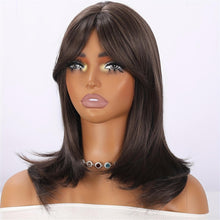 16-Inch Brown A-Line Bangs Wig: High-Temp Fiber, Rose Net Cap, Everyday Wear
