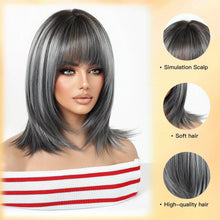 Short Straight Bob Wig 12 Inch Silver Gray Ombre With Dark Roots And Center Part