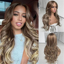 Highlight Honey Blonde Wig with Bangs Long Golden Brown Ombre Layered Wavy Wig with Curtain Bangs