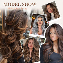 Highlighted Dark Brown Mix Honey Blonde Long Layered Wavy Wig with curtain bangs