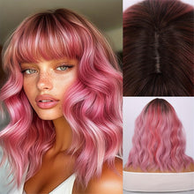 12 Inch Pink Ombre Wig - Blunt Bangs Body Wave - Heat Resistant Curly Texture
