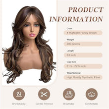Highlighted Dark Brown Mix Honey Blonde Long Layered Wavy Wig with curtain bangs