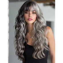 26-Inch Women's Wig Black And Gray Long Hair Water Wave Curls Straight Bangs