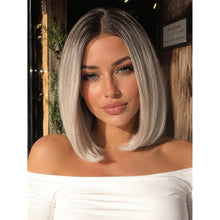 Short Straight Bob Wig 12 Inch Silver Gray Ombre With Dark Roots And Center Part