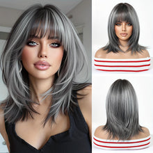 Short Straight Bob Wig 12 Inch Silver Gray Ombre With Dark Roots And Center Part