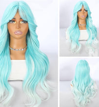 26 Inch Layered  Pastel Aqua Blue Ombre Wig for Women Long Wavy Synthetic Wig with Curtain Bangs -