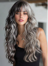 26-Inch Women's Wig Black And Gray Long Hair Water Wave Curls Straight Bangs